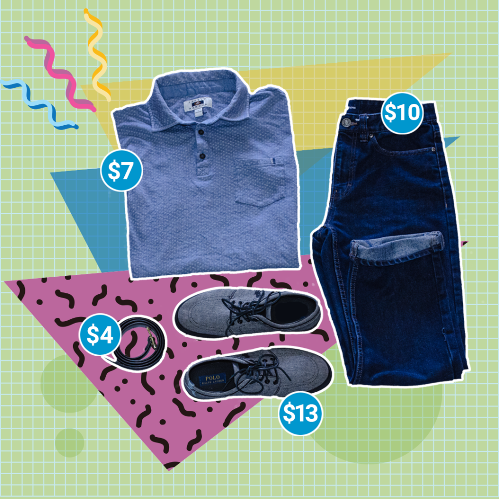 A young boys’ blue shirt for $7, blue jeans for $10, belt for $4, and grey shoes for $13.