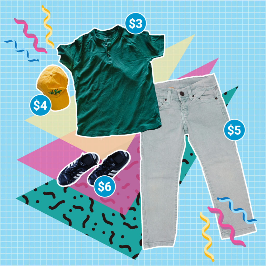 A young boys’ green t-shirt for $3, grey pants for $5, yellow hat or $4, and black sneakers for $6.